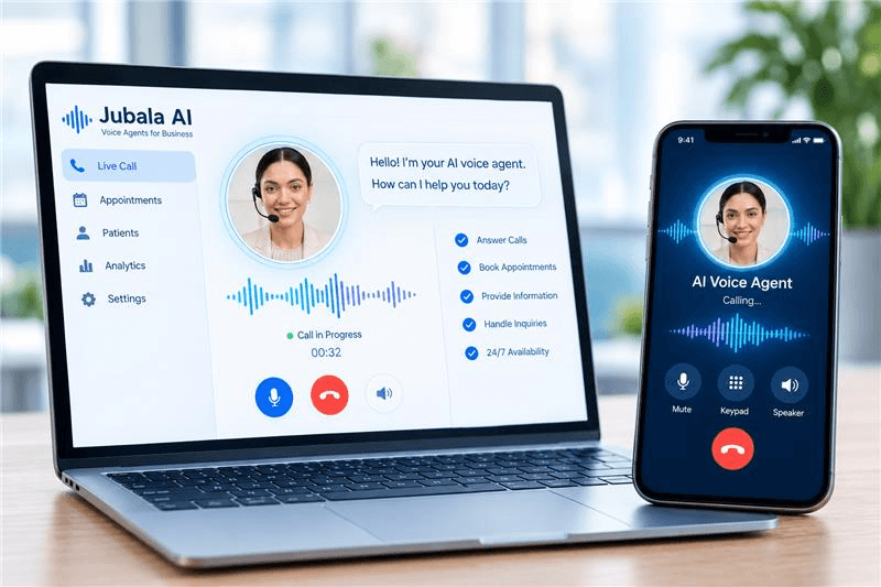Jubala AI voice agents dashboard on desktop and mobile